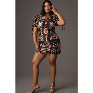 Anthropologie Hutch Plus Short-Sleeve Floral Mini Dress Black Motif Size 0X NWT
